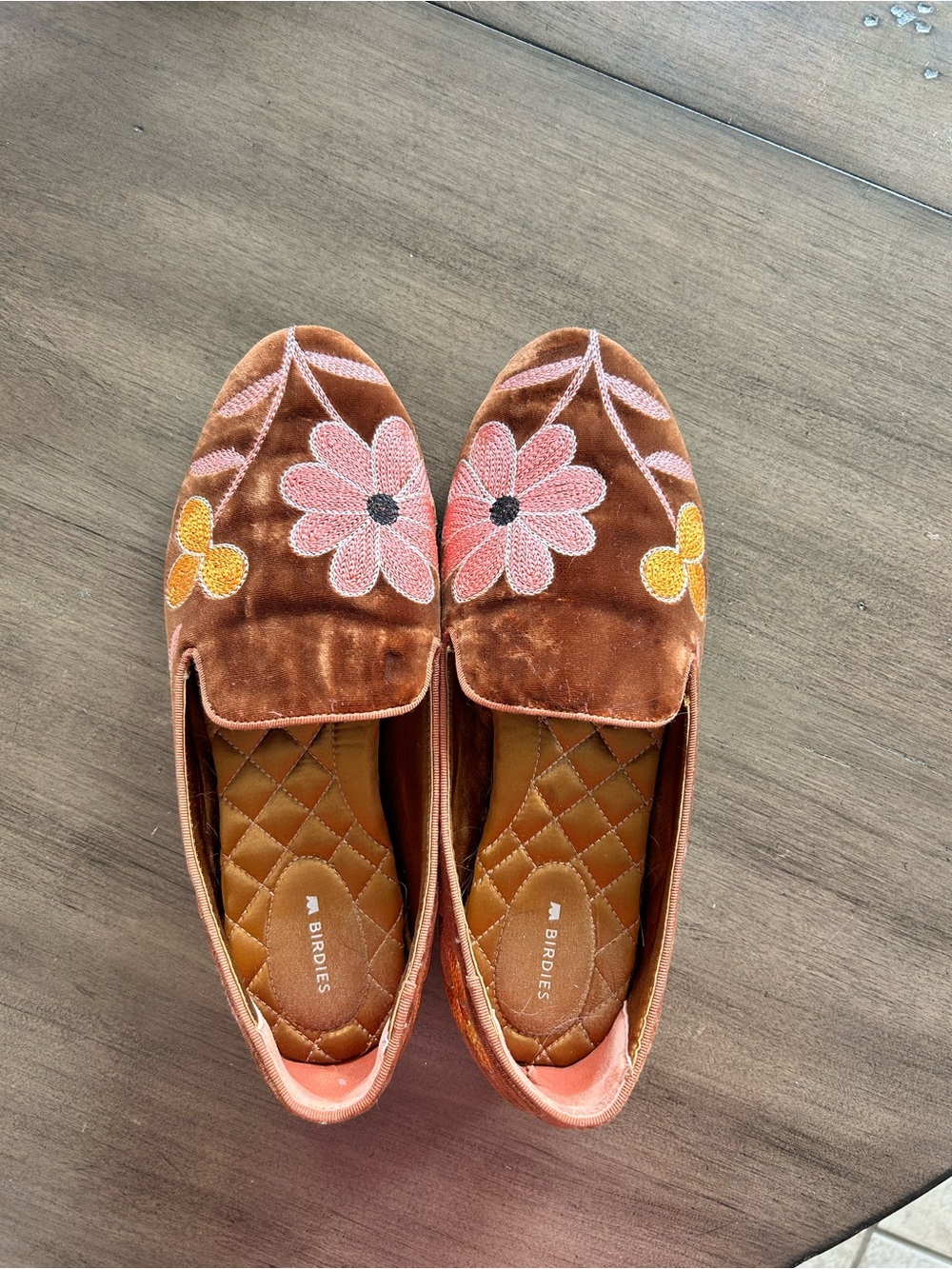 Birdies Brown Velvet Floral Embroidered Slip-Ons with Pink and Yellow Blooms